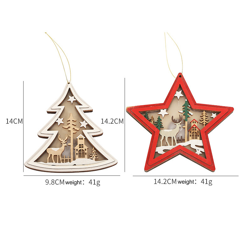 Xmas Christmas Hanging Ornaments Wood Santa Claus Snowman Elk Hang Light Round Pentagram