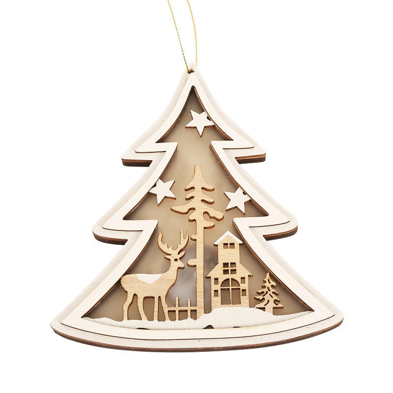 Xmas Christmas Hanging Ornaments Wood Santa Claus Snowman Elk Hang Light Round Pentagram