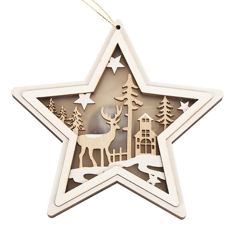 Xmas Christmas Hanging Ornaments Wood Santa Claus Snowman Elk Hang Light Round Pentagram