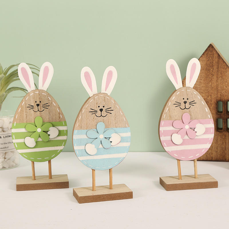 Wooden Decoration Craft Table Top Rabbit Egg Shapes Ornament Kids Festival Gift Happy Easter Decoration