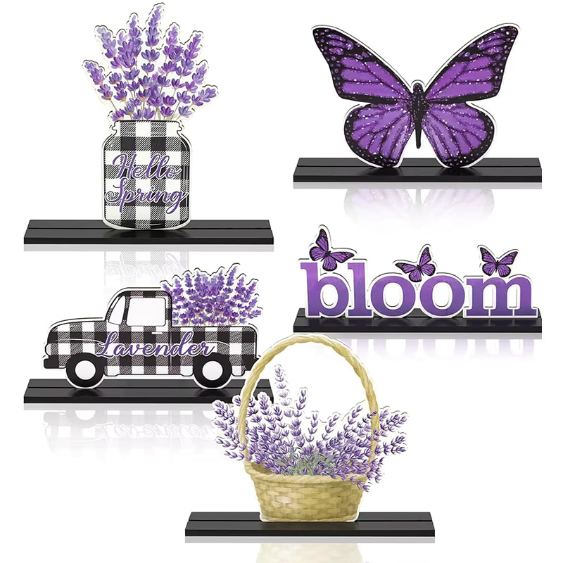 5 Pieces Spring Lavender Wooden Ornaments Purple Lavender Flower Butterfly Letter Logo Removable Wooden Craft Ornaments