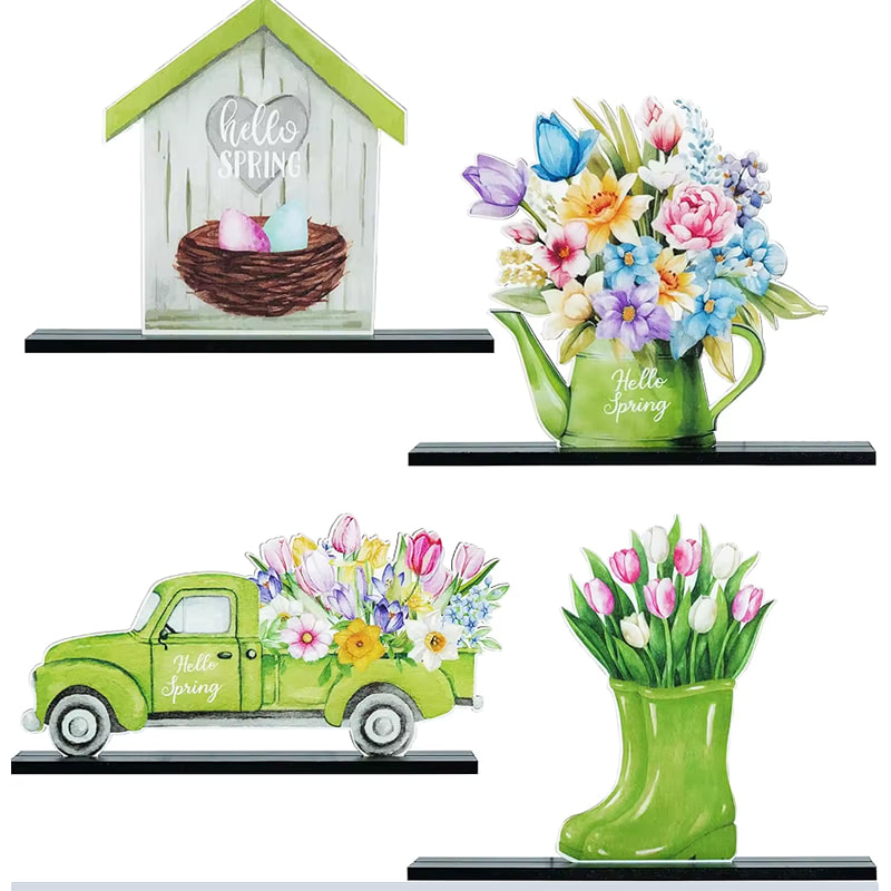 4 Pieces Spring Watercolor Watering Can Truck Wooden Ornaments