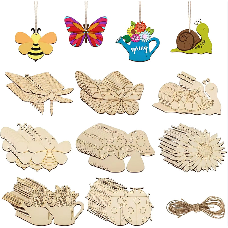 80pcs Wooden Spring Ornaments Paint, 8 Styles Of DIY Blank Unfinished Wooden Hollow Ornaments Home Crafts Hanging Ornaments