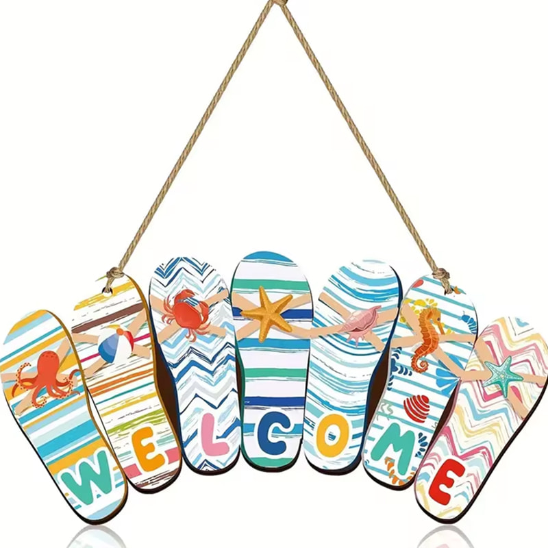 Summer Flip Flops Wooden Hanging Sign, Hello Summer Rustic Beach Plaque, Welcome Beach Theme Decoration Door Wall Porch Indoor Outdoor