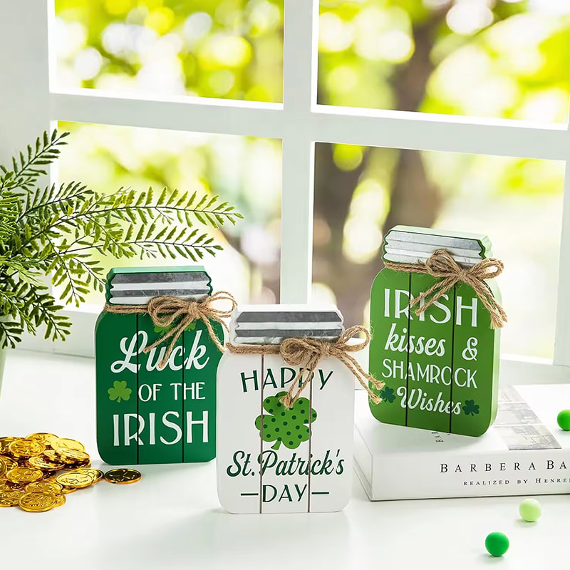 St. Patrick's Day Wooden Mason Jar Table Decor Blocks Home Decor Indoor Tray Decor