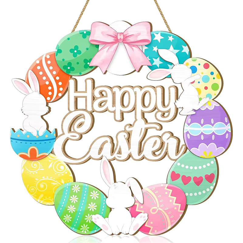 Easter Egg Garland Front Door Wooden Sign Easter Egg Happy Easter Welcome Sign Home Decor