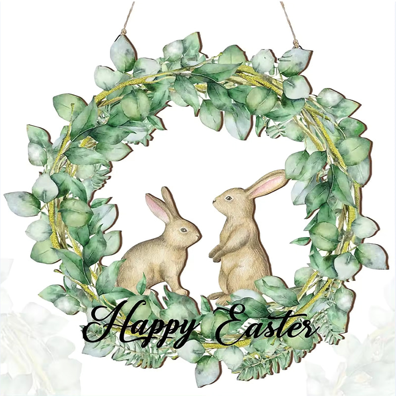 Happy Easter Laurel Wreath Bunny Front Door Sign