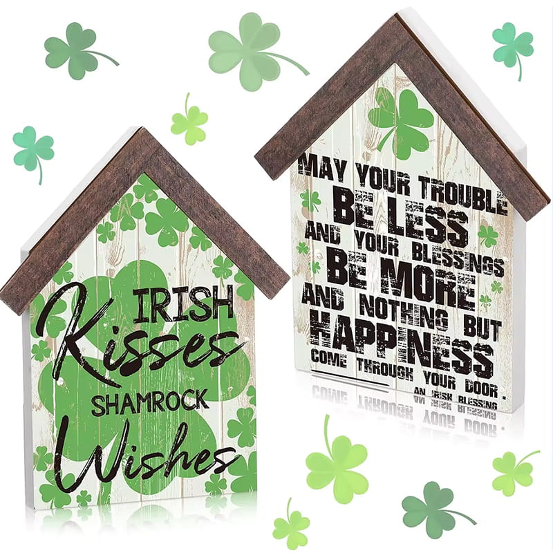 Set of 2 Shamrock Wooden Table Decoration Easter Wood Block Signs St. Patrick's Day Easter Party Family Table Decoration