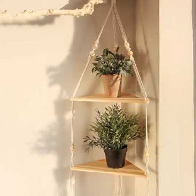 New Bohemian Cotton Rope Handwoven Storage Rack, Triangular Wooden Planks, Home And Boarding House Decoration, Flower Pot Storage